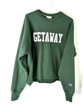 Champion Reverse Weave Green Getaway Crop Oversized Sweatshirt Logo Patchwork